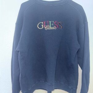 Guess Navy Crewneck Sweater with Multicolor Embroidered Logo